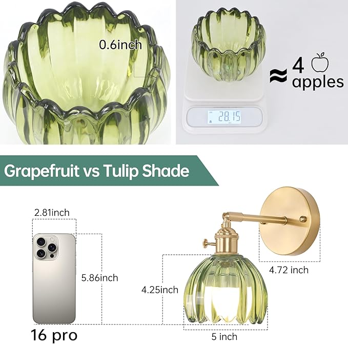 Shenmoyl Vintage Battery Operated Wall Sconce with Green Tulip Glass Lampshade Rechargeable Battery Powered Wall Light with Remote Control for Bedside Bedroom Doorway