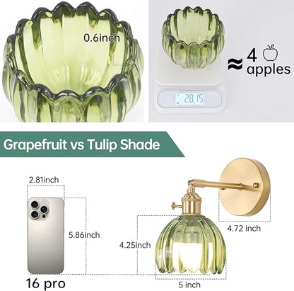 Shenmoyl Vintage Battery Operated Wall Sconce with Green Tulip Glass Lampshade Rechargeable Battery Powered Wall Light with Remote Control for Bedside Bedroom Doorway