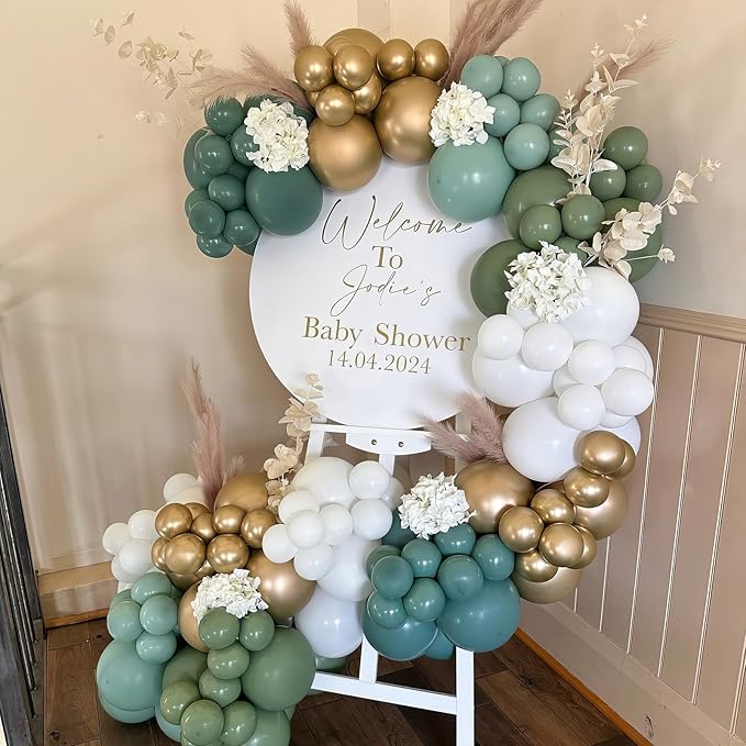 HILAVO Dusty Blue Sage Green Balloon Arch Kit Slate Fog Blue Pastel Green White Sand Beige Gold Balloons Garland for Jungle Safari Birthday Baby Shower Wedding Party Decorations
