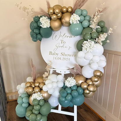 HILAVO Dusty Blue Sage Green Balloon Arch Kit Slate Fog Blue Pastel Green White Sand Beige Gold Balloons Garland for Jungle Safari Birthday Baby Shower Wedding Party Decorations