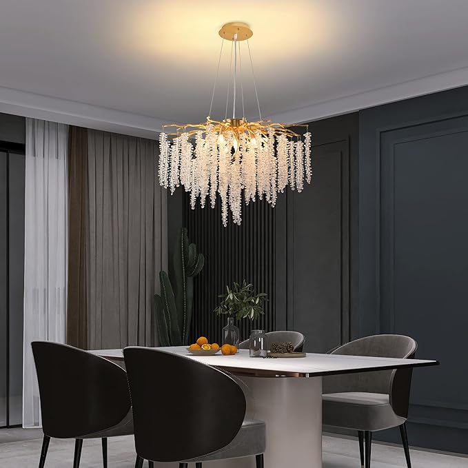 Crystal Tree Branches Chandeliers Gold Luxury Round Raindrop Pendant Light Fixture 9 Light Tassel Ceiling Hanging Light for Dining Room Bedroom Living Room Entryway 23.7"