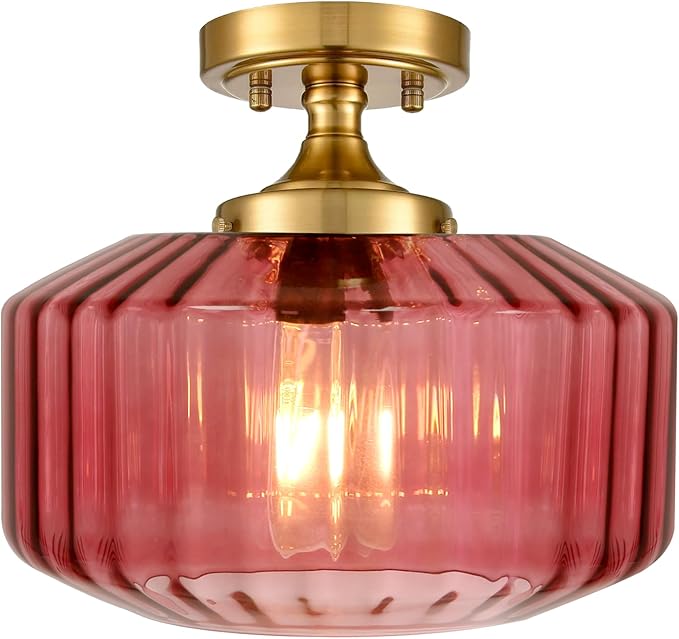 2-Pack Purple Glass Flush Mount Ceiling Lights, Mid-Century Modern Gold Close-to-Ceiling Fixtures, E26 Base for Hallway, Bedroom, Bathroom Vanity, Closet, Laundry Room