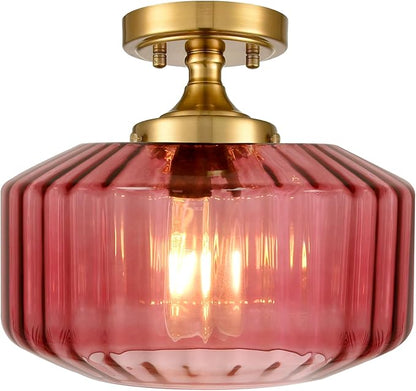 2-Pack Purple Glass Flush Mount Ceiling Lights, Mid-Century Modern Gold Close-to-Ceiling Fixtures, E26 Base for Hallway, Bedroom, Bathroom Vanity, Closet, Laundry Room