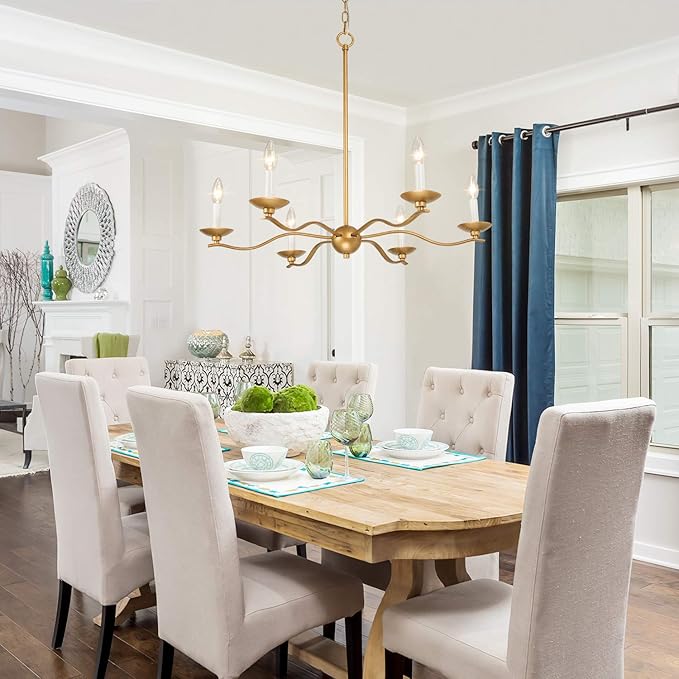 KSANA Dining Room Chandelier, 6-Light Farmhouse Gold Chandelier, Modern Hanging Light Fixture, 30’’ W x 25.5’’ H
