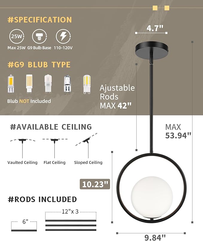 AUTELO 1-Light Pendant Lights Kitchen Island, Matte Black Glass Pendant Lights with Milky White Globe Hanging Lamp, Adjustable Rods for Kitchen Bar Dining Room, H9380 MGBK