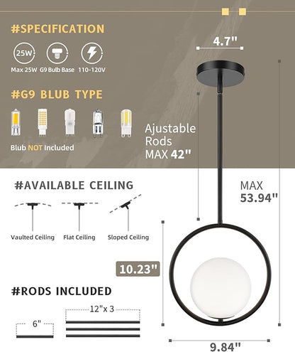AUTELO 1-Light Pendant Lights Kitchen Island, Matte Black Glass Pendant Lights with Milky White Globe Hanging Lamp, Adjustable Rods for Kitchen Bar Dining Room, H9380 MGBK