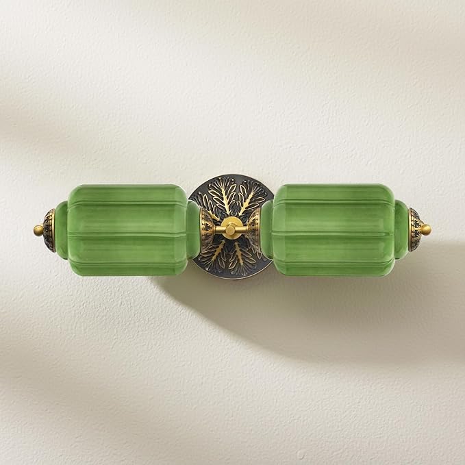 Vintage Bathroom Vanity Light - 2-Light Milk Glass Sconce with Antique Brass Finish & Green Shade, Wall Sconce Lighting for Bathroom Mirror, Hallway, Living Room, Bedroom