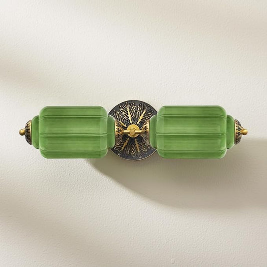 Vintage Bathroom Vanity Light - 2-Light Milk Glass Sconce with Antique Brass Finish & Green Shade, Wall Sconce Lighting for Bathroom Mirror, Hallway, Living Room, Bedroom