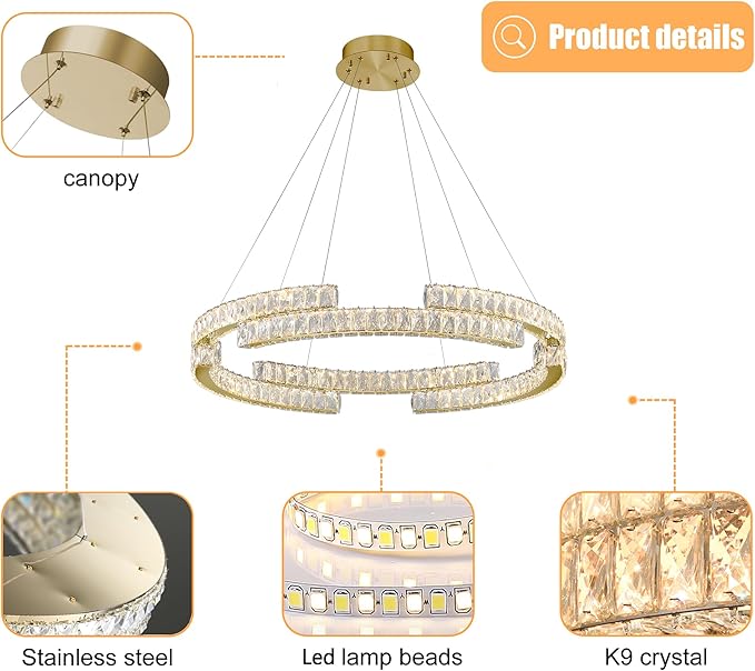 Modern LED Gold Ring Chandelier for Living Room Dinning Room 32in Crystal Ring Pendant Light Dimmable 3000k-6000k