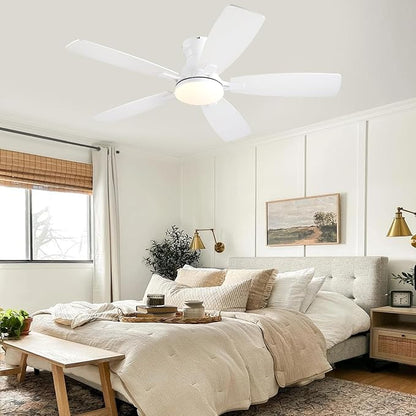 NKPU Ceiling Fans with Lights, Low Profile Ceiling Fan with Light and Remote/APP Control, DC Reversible Motor, Noiseless, Flush Mount, 46inch White Ceiling Fan for Bedroom Indoor/Outdoor Use