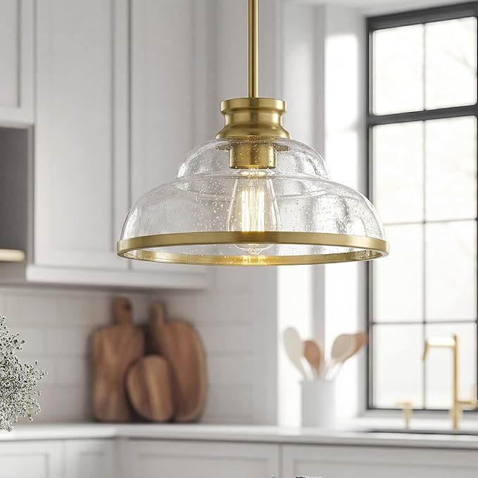 kudos 2 Pack Gold Pendant Lights Kitchen Island, 11" Brass Kitchen Island Lighting with Seeded Glass, Farmhouse Pendant Light fixtures for Kitchen Sink Dining Room Hallways, KDPL14-GD-2PK