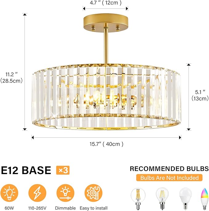 YURNYQ Glod Crystal Ceiling Light Fixture, Modern Semi Flush Chandelier, Round Hanging Lighting Chandeliers for Dining Room, Kitchen, Bedroom, 3-Light, 15.74 Inch
