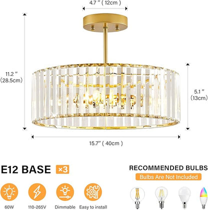 YURNYQ Glod Crystal Ceiling Light Fixture, Modern Semi Flush Chandelier, Round Hanging Lighting Chandeliers for Dining Room, Kitchen, Bedroom, 3-Light, 15.74 Inch