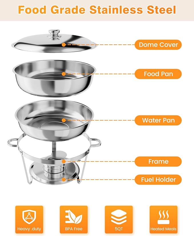GarveeHome Chafing Dish Buffet Set 2 Pack, 5 QT Round Stainless Steel Chafer and Food Warmers With Food & Water Pan, Lid, Frame, Fuel Holder for Catering, Parties, Events, Wedding, Camping, Dinner
