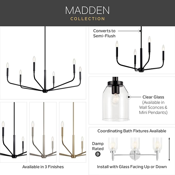 Kichler Madden 1-Light Mini Pendant Light Fixture with Clear Glass in Brushed Nickel, Sloped Ceiling Compatible for Kitchen Island or Bathroom (15" x 7"), 52725NI