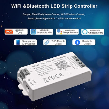 C02W CCT LED Controller, Tuya WiFi 2.4G RF, 3Pin PWM Dual White Dimmer for LED Strip, APP & Voice Control, Compatible with Alexa Google Home, Compatible with WR02RF RC02RFB Remote