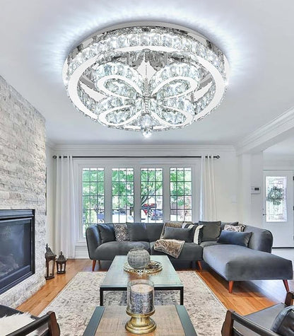Modern Crystal Chandelier LED 2-Tier Flush Mount Ceiling Lighting Dimmable Pendant Light for Living Room Bedroom Dining Room Entryway Hallway