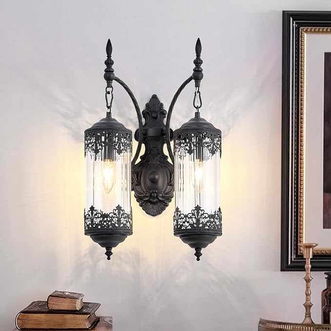 Rustic Glass Wall Sconce Vintage Antique Gothic Wall Light Fixture Retro Farmhouse Mid Centry Lantern Wall Sconce for Bedroom, Living Room, Mirror, Black