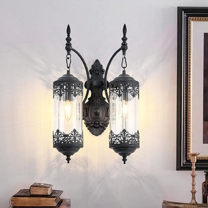 Rustic Glass Wall Sconce Vintage Antique Gothic Wall Light Fixture Retro Farmhouse Mid Centry Lantern Wall Sconce for Bedroom, Living Room, Mirror, Black
