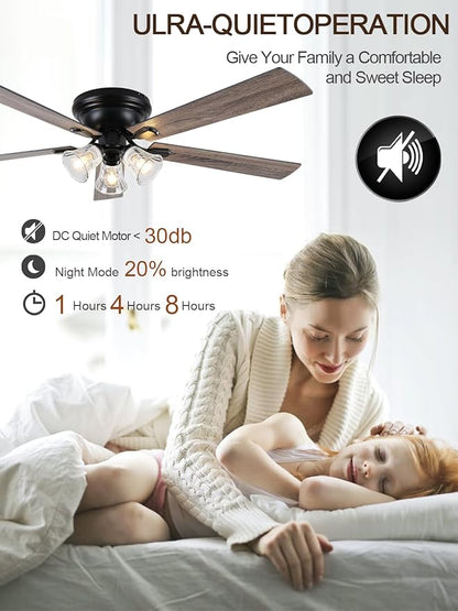 60" Flush Mount Vintage Ceiling Fan with Lights and Remote, Farmhouse Rustic Ceiling Fan Low Profile Antique Fandelier Chandelier for Bedroom Living Room, 3 E26 Lights (Bulbs Not Included)