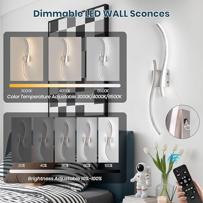 Battery Operated Wall Sconces Set of 2, Rechargeable Dimmable Battery Wall Light with Remote Control, Brushed Nickel LED Wireless Wall Light for Living Room Bedroom Hallway，31.5inch (Brushed Nickel)