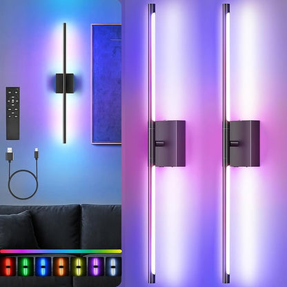 Battery Operated Wall Sconces Set of Two, 10000mAh Rechargeable Wall Lights with Remote Control, 360° Rotate Dimmable Black LED Cordless Lighting for Bedroom, Living Room, Hallway, 29 Inch, RGB
