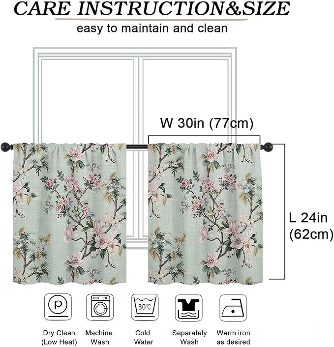 Simplebrand Light Green Floral Linen Textured Tier Kitchen Curtains 24 Inch 2 Panels, Light Filtering Privacy Cafe Small Window Curtains for Bathroom RV Camper, Soft Rod Pocket Panels, 30" W x 24" L