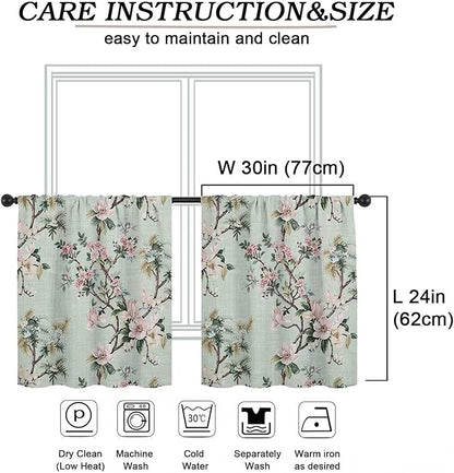 Simplebrand Light Green Floral Linen Textured Tier Kitchen Curtains 24 Inch 2 Panels, Light Filtering Privacy Cafe Small Window Curtains for Bathroom RV Camper, Soft Rod Pocket Panels, 30" W x 24" L