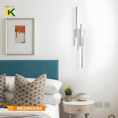 Benkut Modern LED Wall Sconce Silver Remote Wall Light Fixtures for Bathroom, Dimmable Vanity Light Indoor LED Remote Wall Sconce for Bedside Bedroom Living Dining Room (27.6inch 3000-6500K 1 Pack)