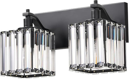 EDISHINE Bathroom Vanity Light Fixtures, 2 Light Crystal Bathroom Lighting Fixtures Over Mirror, Modern Wall Sconce for Powder Room, Bedroom, E26 Base, Black