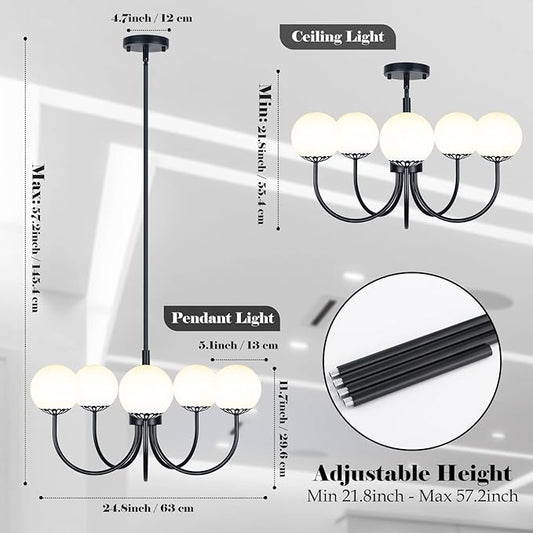 Black Chandelier Pendant Lighting, 5-Light Kitchen Light Fixtures, Mid-Century Modern Large Semi-Flush Ceiling Light Fixture with Frosted Globe Glass for Dining Room Living Room Bedroom Brass