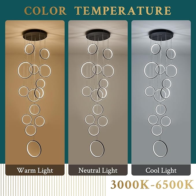 14 Rings Modern LED Chandelier for High Ceiling Dimmable Black Contemporary Foyer Long Chandelier for Entryway, Long Pendant Light Fixture Staircase Dining Living Room, 3000-6500K