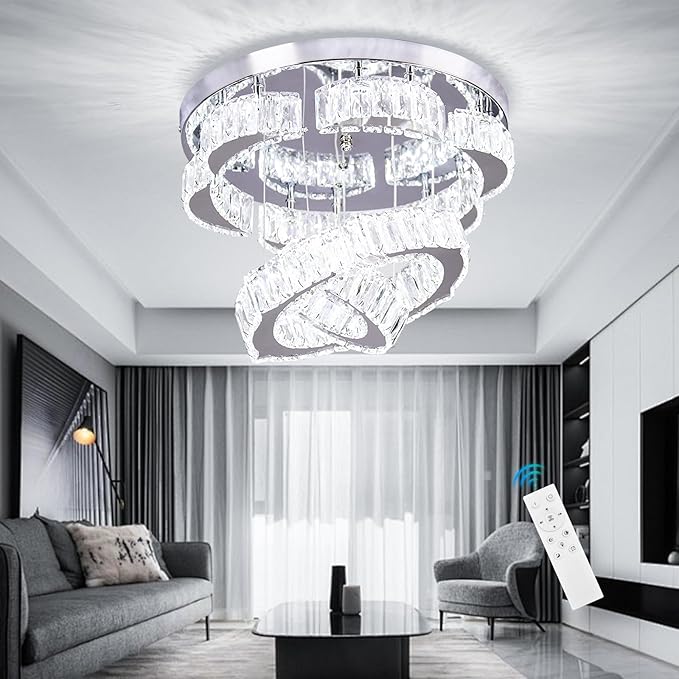 15.7" Modern Crystal Chandelier with Remote 2 Rings Round Flush Mount Ceiling Light Flower LED Dimmable Chandeliers for Bedroom Living Room Dining Room Dimmable
