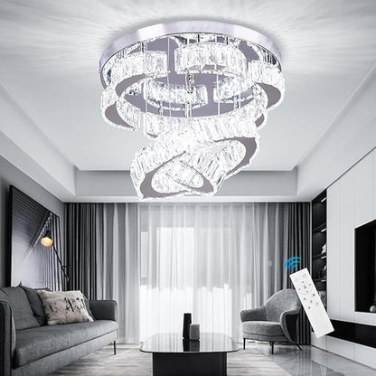 15.7" Modern Crystal Chandelier with Remote 2 Rings Round Flush Mount Ceiling Light Flower LED Dimmable Chandeliers for Bedroom Living Room Dining Room Dimmable