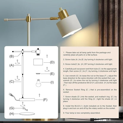 OYEARS 22.2" Modern Desk Lamp, Metal Table Lamp with LED Bulb, Adjustable Reading Lamps for Living Room, Mid Century Task Lamp for Home Office, Industrial Bedside Lamps, Cream and Gold