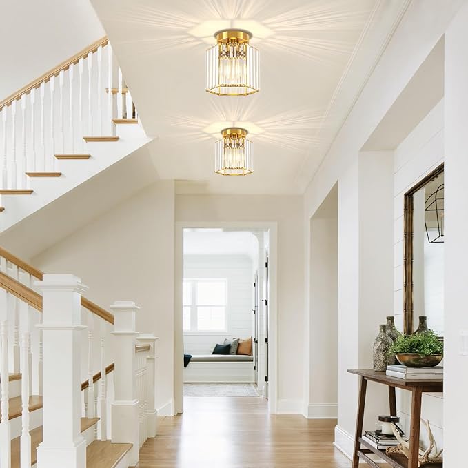 TOULMJ 2 Pack Brushed Gold Ceiling Lights, Modern Crystal Semi Flush Mount Kitchen Ceiling Lighting Fixtures Hallway Ceiling Lamp for Bathroom Bedroom Laundry Room Entryway Foyer Lighting