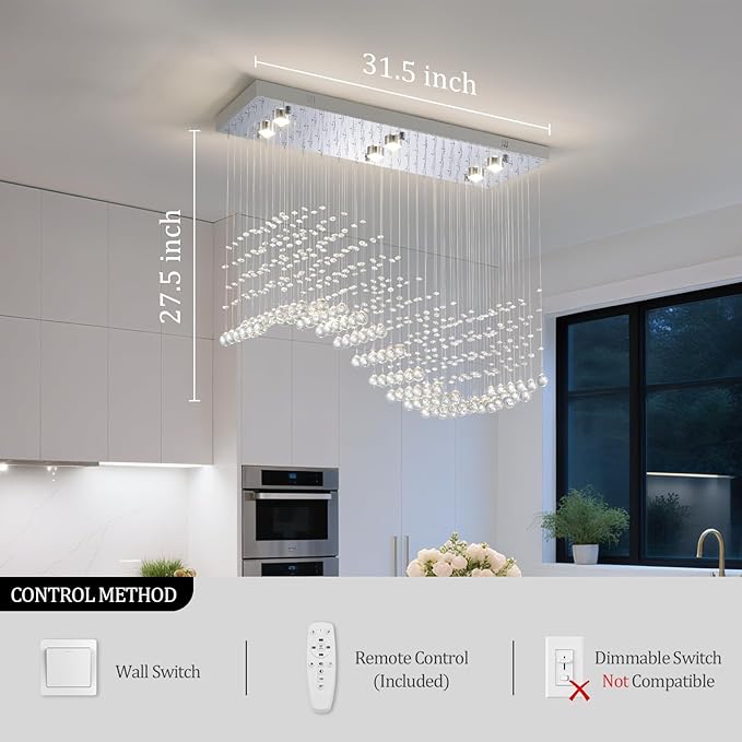 Modern Silver Crystal Raindrop Chandelier: 31.5" Rectangle Dimmable Lighting with Remote - Contemporary Chrome Wave Ceiling Light for Kitchen Dining Room Living Room Staircase Foyer Entryway Bedroom