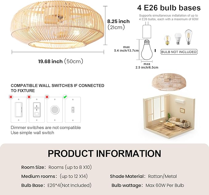20'' Boho Rattan Ceiling Fan with Light, Coastal Caged Ceiling Fans with Lights and Remote Control, Enclosed Hidden Flush Mount with Reversible 6 Speeds for Living Room Bedroom Nursery