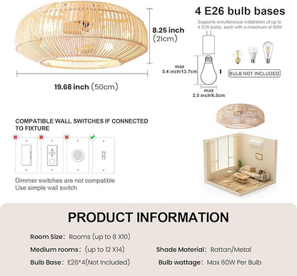 20'' Boho Rattan Ceiling Fan with Light, Coastal Caged Ceiling Fans with Lights and Remote Control, Enclosed Hidden Flush Mount with Reversible 6 Speeds for Living Room Bedroom Nursery