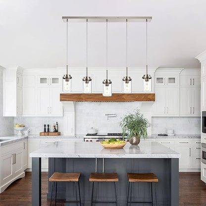 MELUCEE 5 Lights Kitchen Island Lighting Modern Linear Chandeliers for Dining Room, Industrial Brushed Nickel Pendant Light Fixtures Ceiling Hanging with Clear Glass Shade, 37.0 Inches Length
