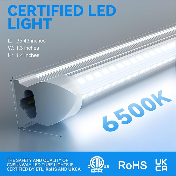 CNSUNWAY LED Shop Light 3FT, 34W 6500K Cool White, T8 LED Tube Lights, 4760LM V-Shape Ceiling Shop Lights, Linkable Under Counter Light for Kitchen, Garage, Workbench, Basement, ETL Listed (2-Pack)