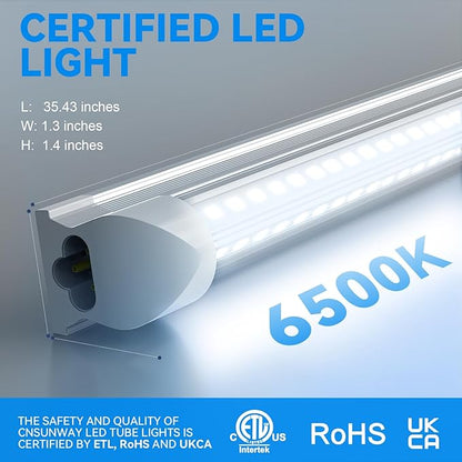 CNSUNWAY LED Shop Light 3FT, 34W 6500K Cool White, T8 LED Tube Lights, 4760LM V-Shape Ceiling Shop Lights, Linkable Under Counter Light for Kitchen, Garage, Workbench, Basement, ETL Listed (2-Pack)