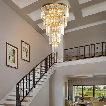 High Ceiling Chandelier Crystal Modern: 24" 5-Tiered Dimmable Staircase Chandeliers - Large Long Gold Hanging Pendant Light Fixture For Entryway Foyer Living Room - Round Flush Mount Ceilings Lights