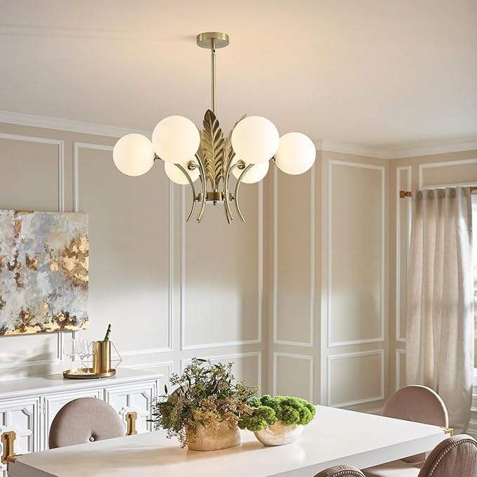 BOKT Mid Century Milk Glass Chandelier Gold G9 Ceiling Chandelier Light Industrial Metal Adjustable Pendant Lighting Farmhouse Large Globe Flush Mount Light Fixture for Dining Room Kitchen Indoor