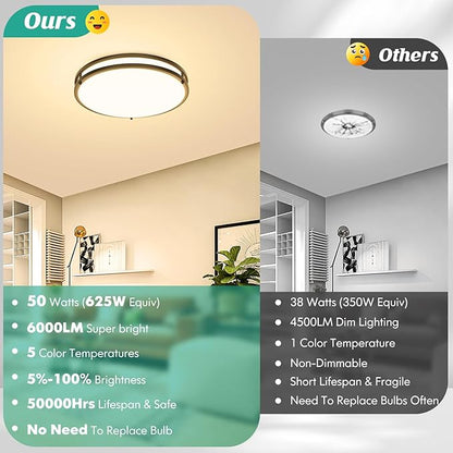 LED Flush Mount Ceiling Light Fixture, 18 Inch Dimmable 5CCT Selectable 2700K Warm White-6500K Super Bright Daylight White, 50W 6000LM Round Black Ceiling Lamps for Living Room Bedroom Kitchen, 1 Pack