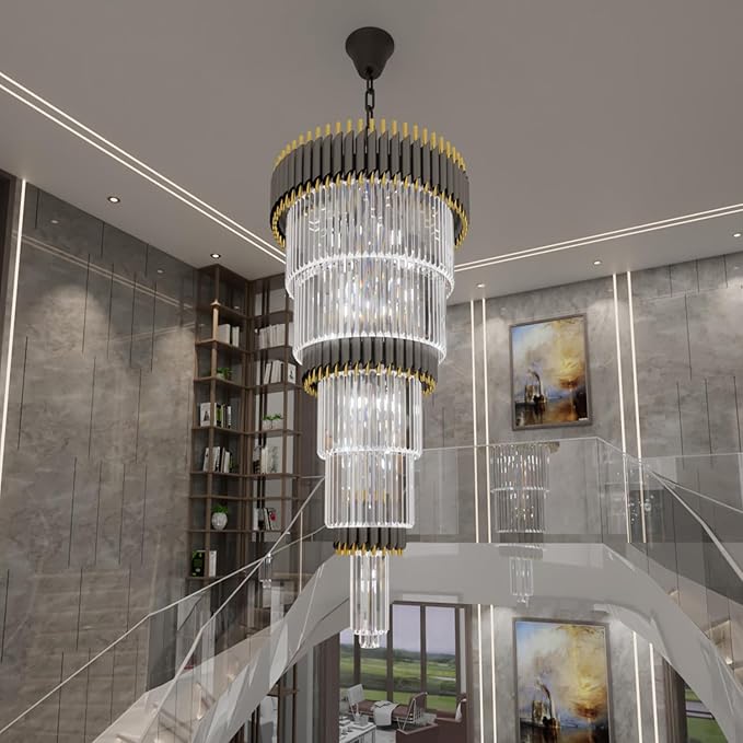 Large Black and Gold Crystal Chandelier, 24" 5-Tier Crystal Chandeliers for High Ceiling, Adjustable Height Pendant Light for Foyer, Villa, Staircase, Entryway
