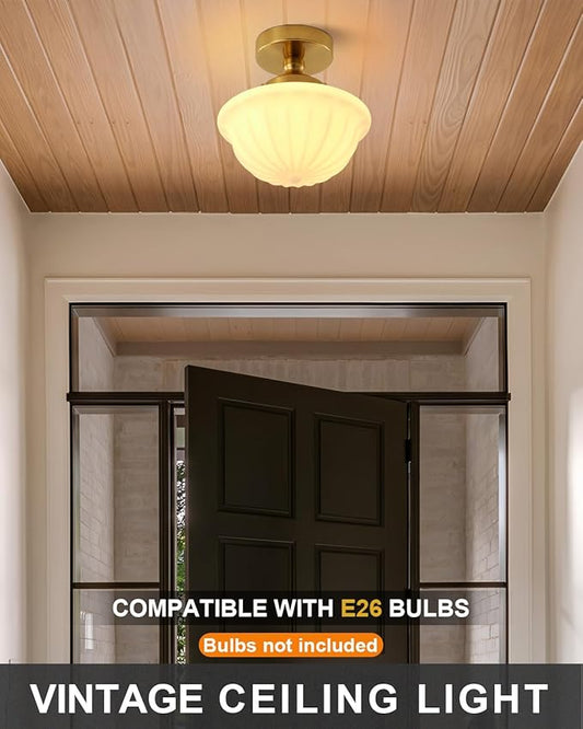 Schoolhouse Milk White Glass Ceiling Light,9" Semi Flush Mount Ceiling Light, Gold Mid Century Light Fixtures for Bedroom Kitchen Hallway Entryway