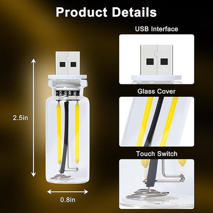 2 Packs USB Light for Car, Touch Dimmable Car Interior Ambient Lights - Portable Mini USB LED Light Bulb, Retro Glass Bottle Night Light for Vehicle, Bedroom, Hallway, Camping(Yellow)
