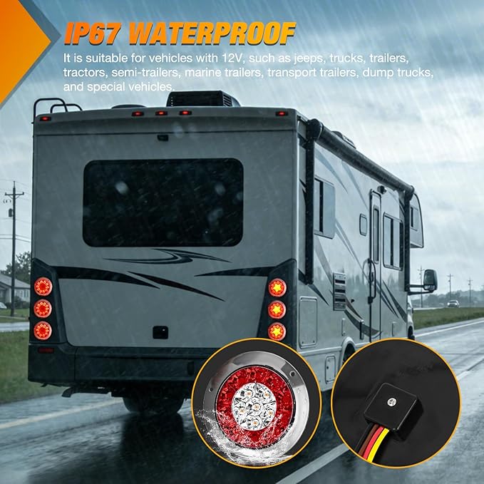 Nilight Trailer Tail Light 2PCS 4Inch Round 16 LED Red Amber Chrome Frame Marker Clearance Stop Brake Turn Signal Running Taillight IP67 Waterproof for Trailer Truck Pickup Camper RV