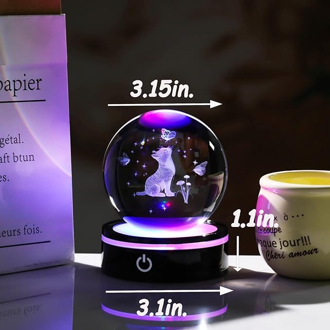YWHL 3D Crystal Cat Butterfly Figurines Ball with Colorful Light Base, Laser Engraved Cat Gifts for Women Men on Birthday, Animal Snow Globes Figurine Collection for Home Decor
